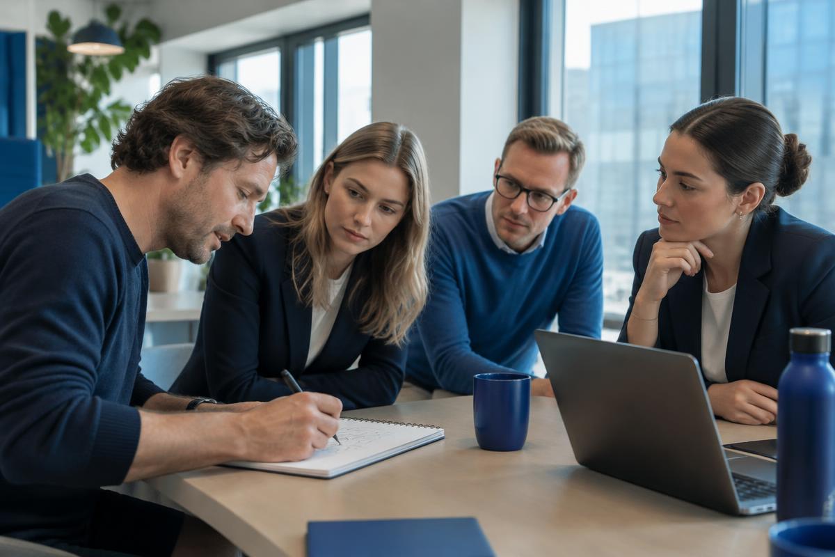 Founder and colleagues examining commercial decisions during a meeting