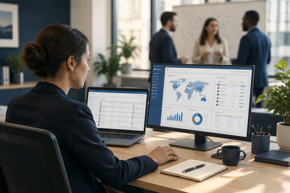 A market development specialist researching target accounts while the sales team meets in the background