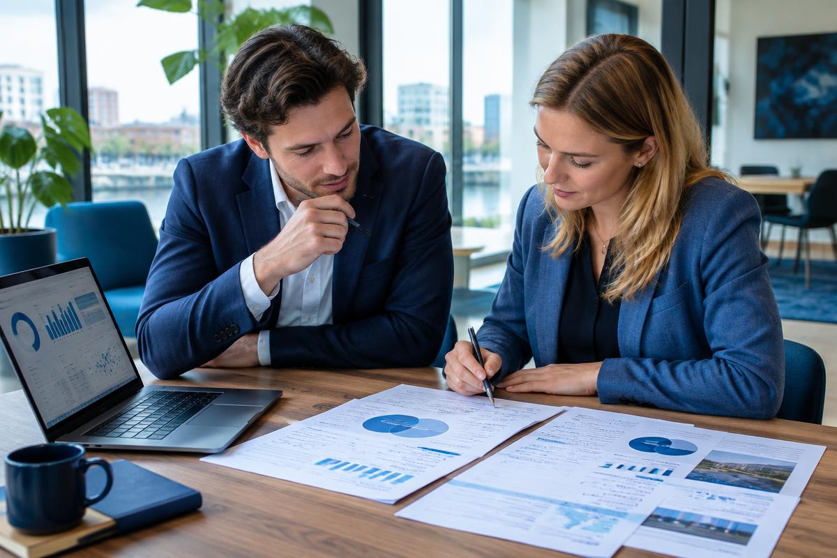 Business development team reviewing market signals