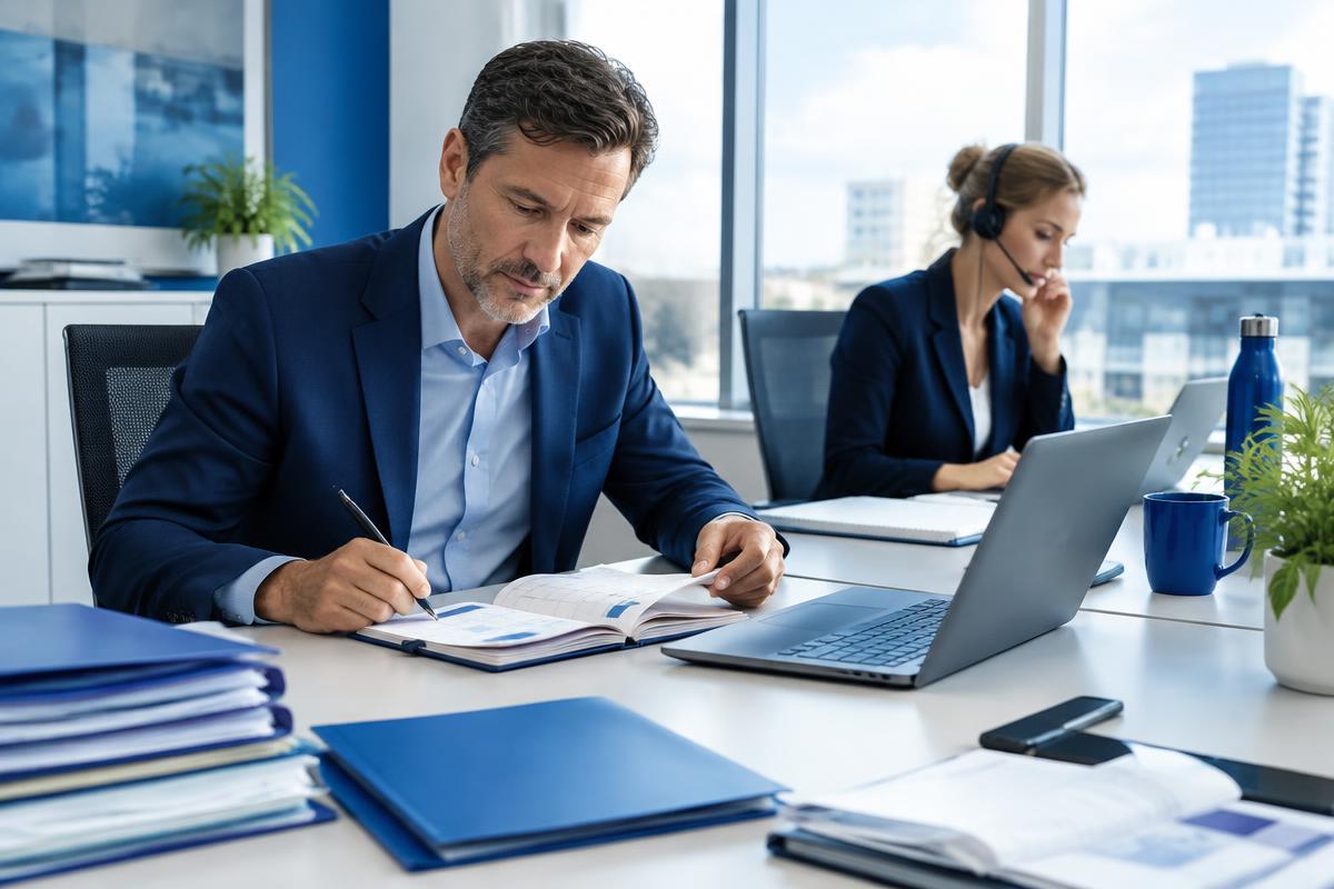 Commercial professionals discussing sales capacity around a table