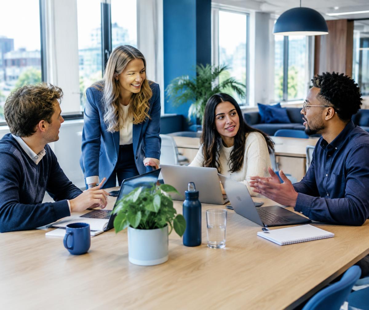 Commercial team collaborating at a shared table