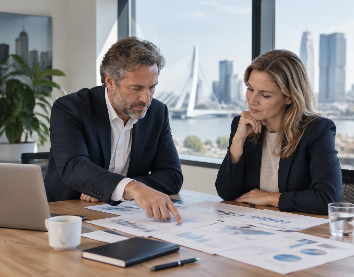 Two colleagues reviewing market plans and commercial priorities