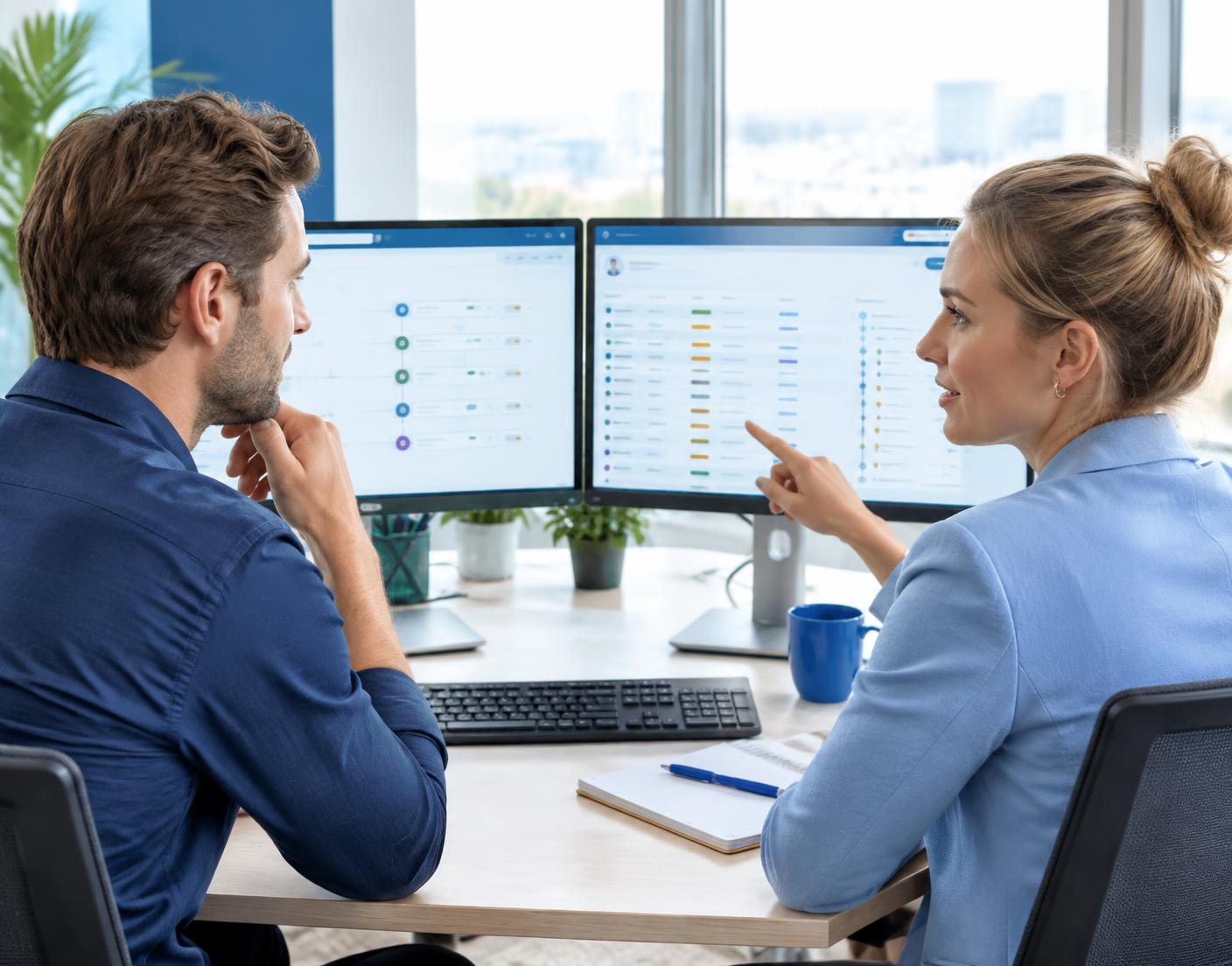 Colleagues examining a commercial CRM workflow
