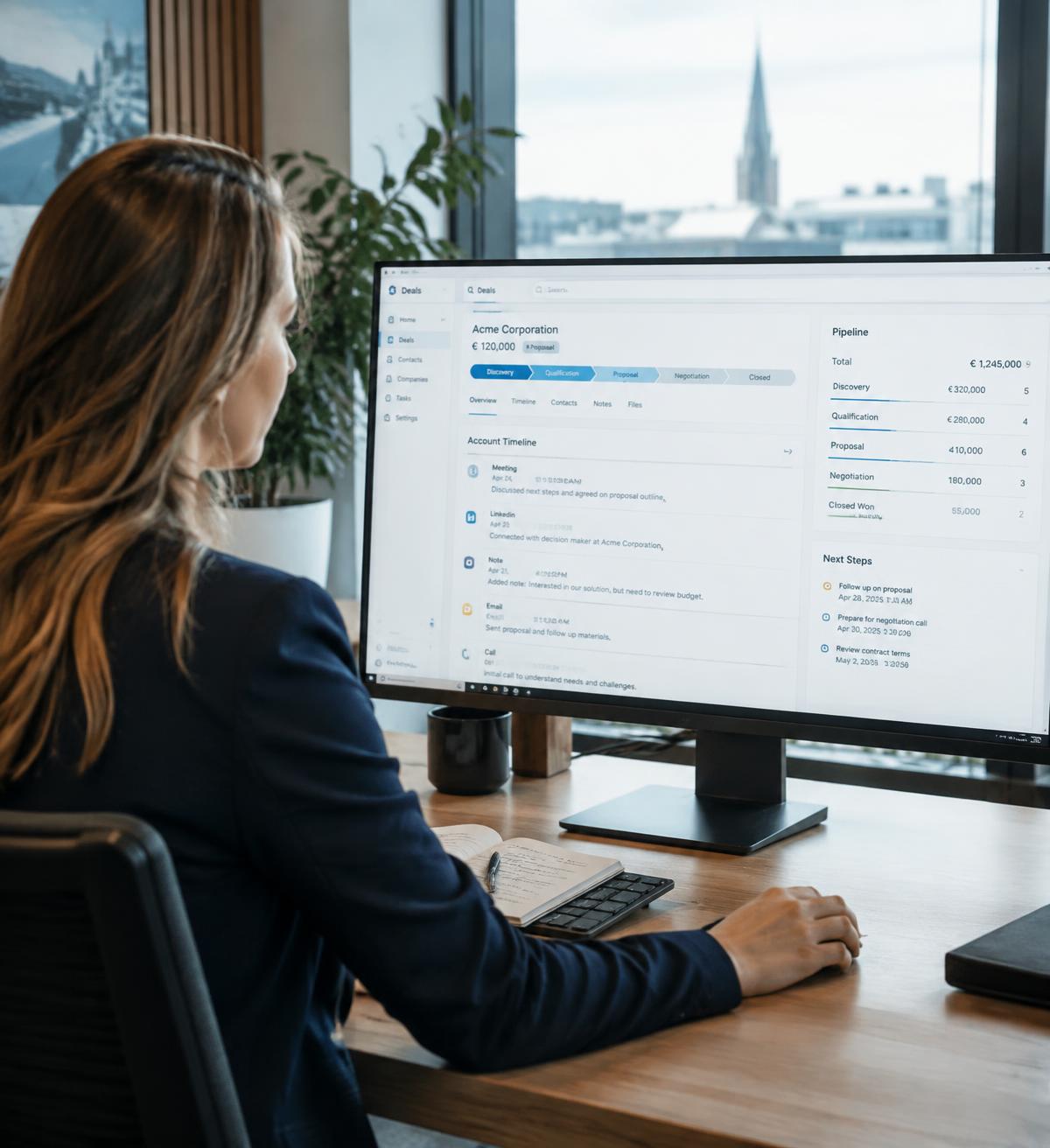 Business developer reviewing an account timeline in the CRM