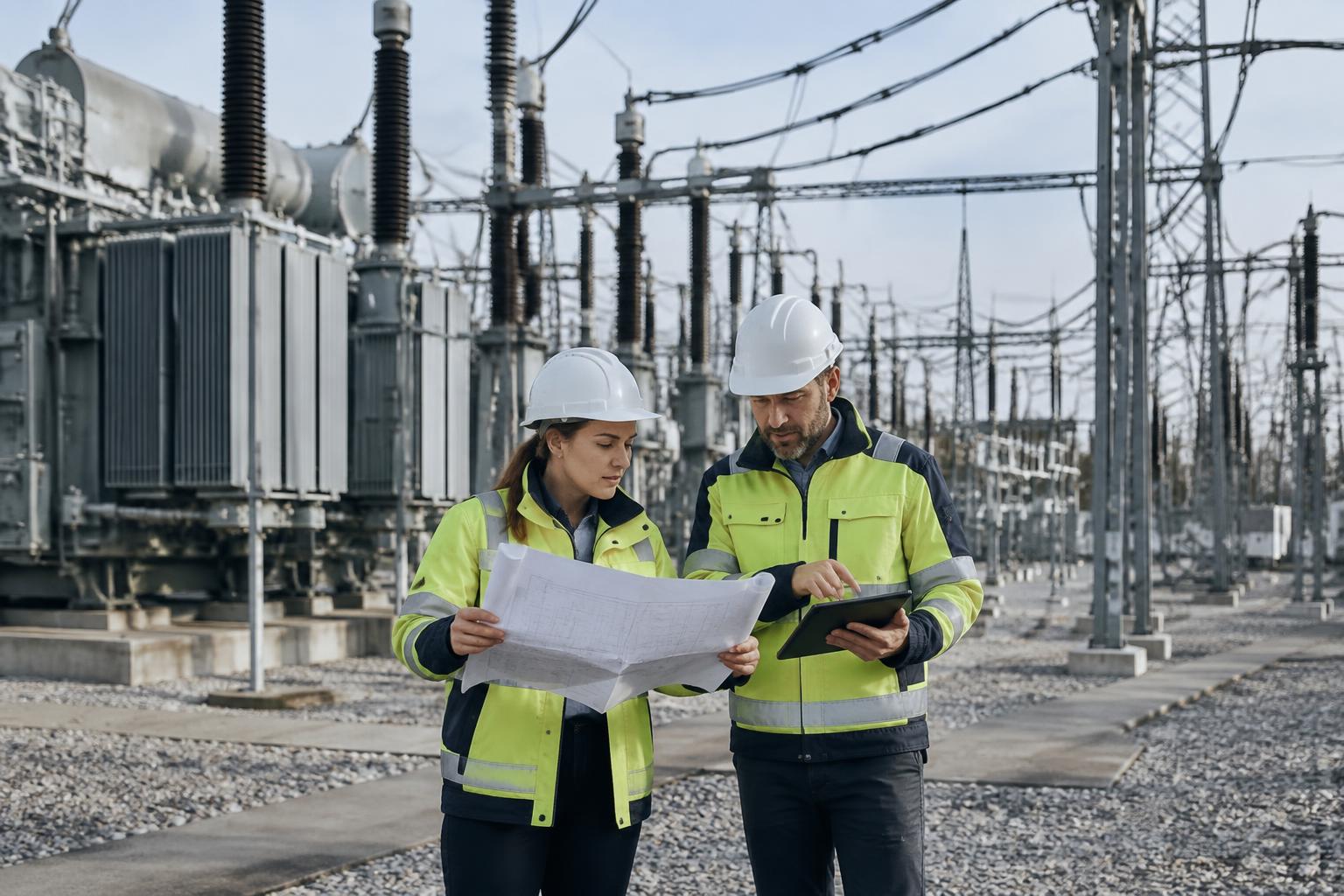 Engineers reviewing plans at an electrical substation