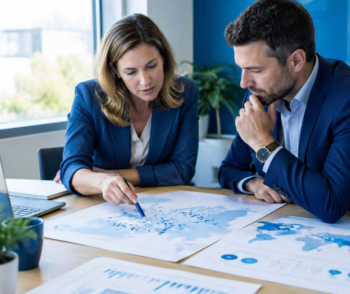Strategists reviewing market research and target accounts